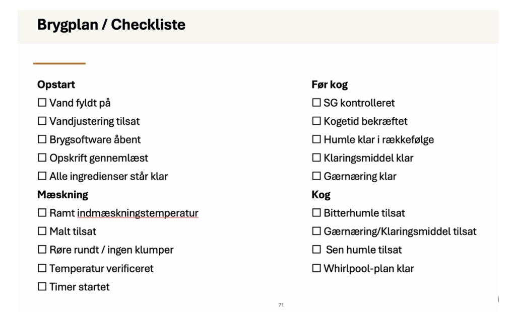 Uddrag af Brygdag-tjeklisten med afkrydsningsfelter til opstart, mæskning, før kog og kog